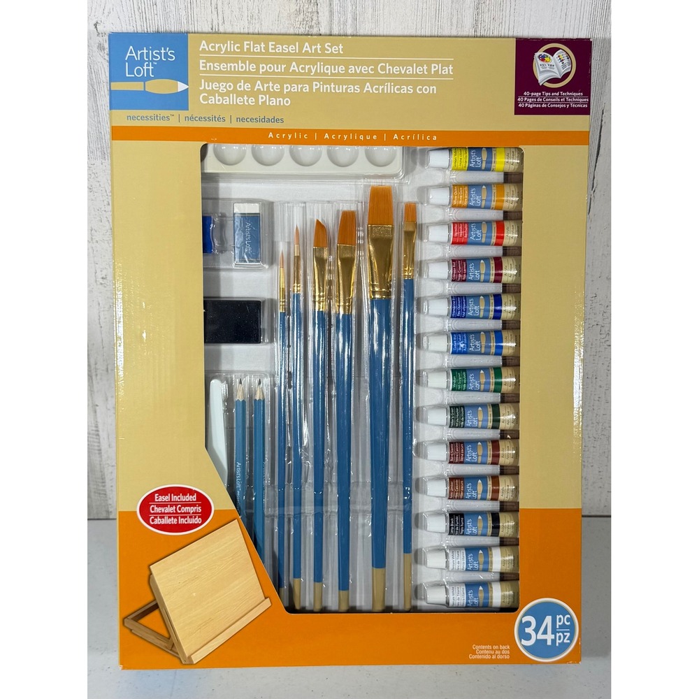 Artists Loft Acrylic Flat Easel Art Set 34pc Multicolor Paint Brushes Canvas NIB